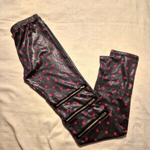 True Rock women's Small gray with red dot 3 knee zippered leggings, shimmery NWT